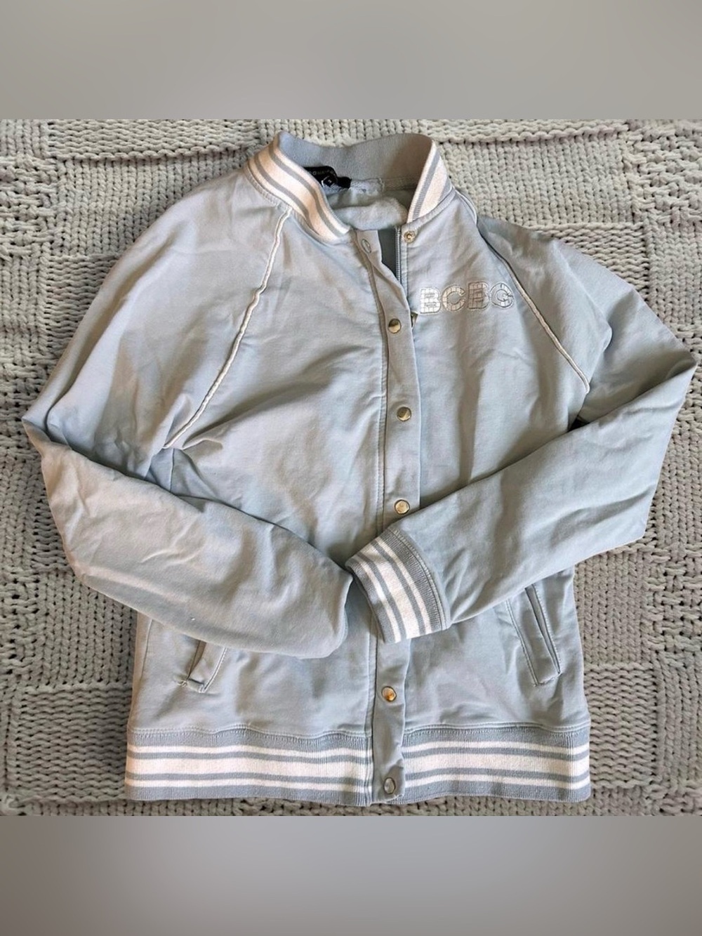 BCBG MaxAzria Light Blue and White Varsity Jacket Size Medium